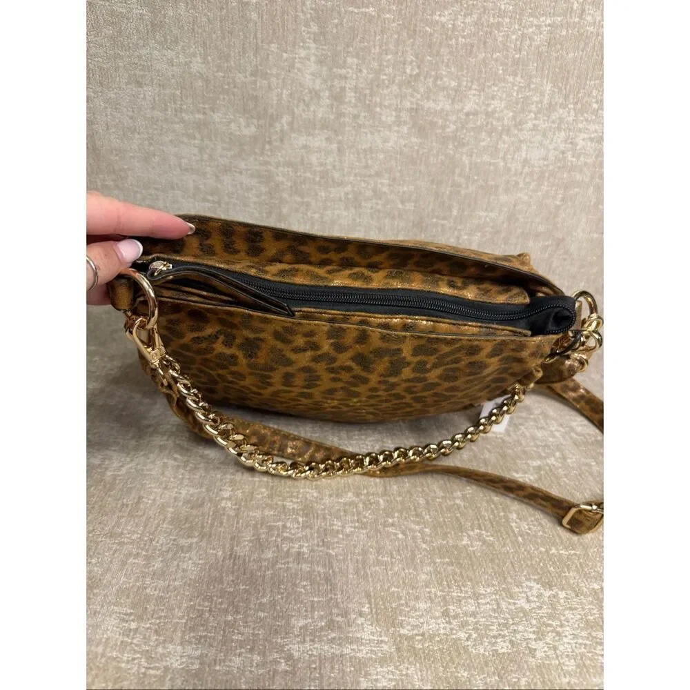NWT Jessica Simpson Women's Sadie Leopard Print Chain Strap Shoulder Bag Brown